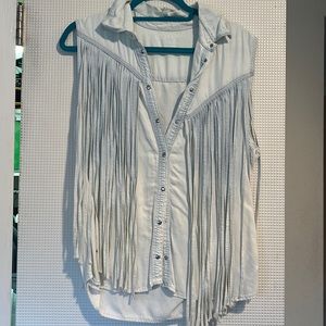 BLANK NYC light denim button down sleeveless top with fringes. Size L